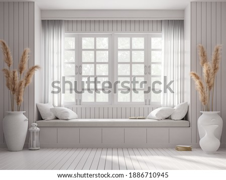 Vintage style window seat 3d render.There are white wood plank wall and floor Decorated with big white jar with dry reed flower. Large windows looking out to see nature.