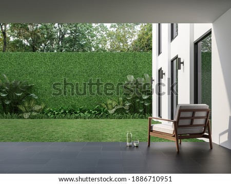 Modern style indoor terrace with garden courtyard 3d render, There are black tile floor , green plant fence,Decorated with wood and white fabric furniture,Surrounded by nature.