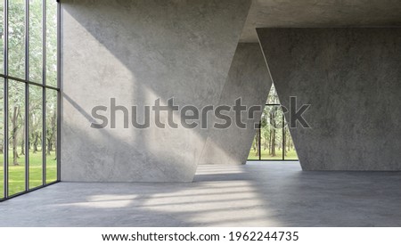Modern loft style empty space interior 3d render,There are polished concrete floor ,wall and ceiling,There are large window look out to see the nature view,sunlight shining into the room.