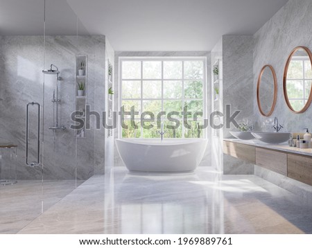 Luxury style light gray bathroom 3d render,There are marble floor and wall ,wooden sink counter and copper frame mirror,Rooms have large windows, overlook nature view.
