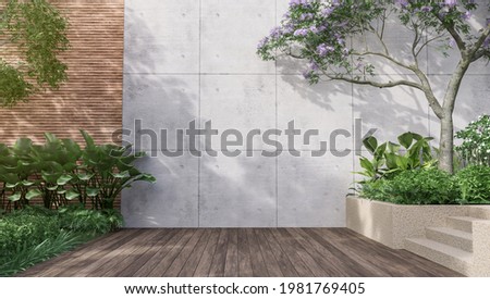 Empty exterior concrete wall with tropical style garden 3d render,decorate with tropical style tree ,sunlight on the wall
