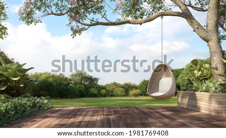 Old wooden terrace with wicker swing hang on the tree with blurry nature background 3d render. Imagine de stoc © 