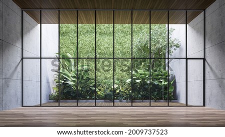 Empty room with large window to see wooden courtyard and green tropical tree wall background 3d render illustration
