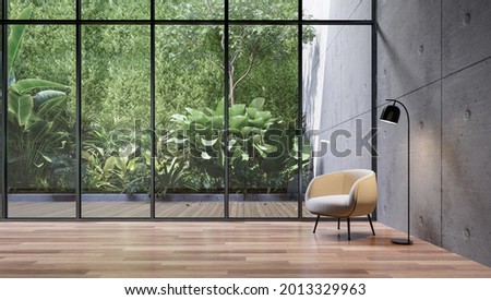 Empty glass room with tropical green plant wall background 3d render, There are wooden floor and concrete wall decorate with white fabric louge chair