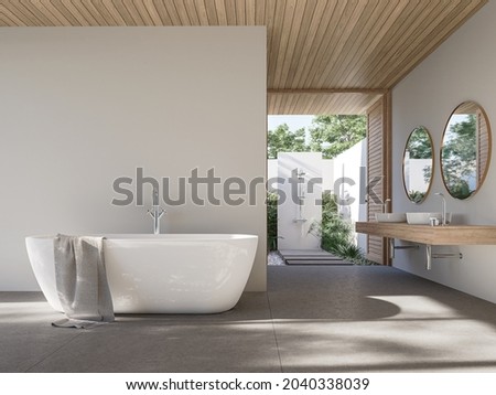 Modern contemporary loft bathroom with outdoor shower 3d render,There are concrete tile floor and white wall overlooking shower in the garden