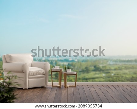 Minimal style wooden terrace with nature view 3d render,There has dark wooden floors,decorated with white leather armchair Сток-фото © 