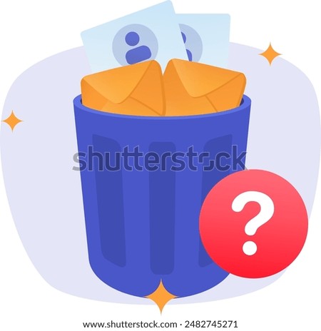 Illustration of deleting data with a trash can containing messages, emails, and profiles inside. Deleting files documents data emails folders in the trash.