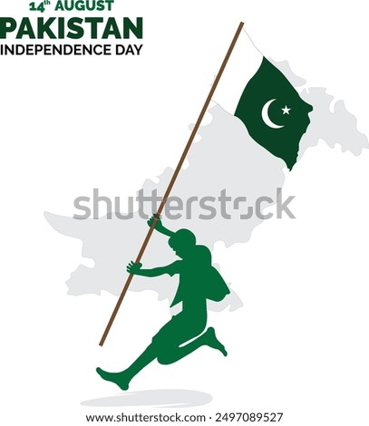 Pakistan Independence Day 14 August 1947, Man holding a Pakistan Flag and Running, Isolated on White Background and Pakistan Map