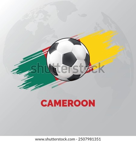 Cameroon Football with Cameroon Flag and World Map behind them. isolated on white background.