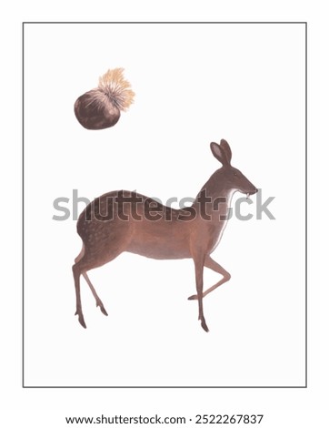 A graceful deer with a subtle spine arch faces right, tusk-like canines visible. Above, a fluffy brown puffball floats on a plain backdrop.