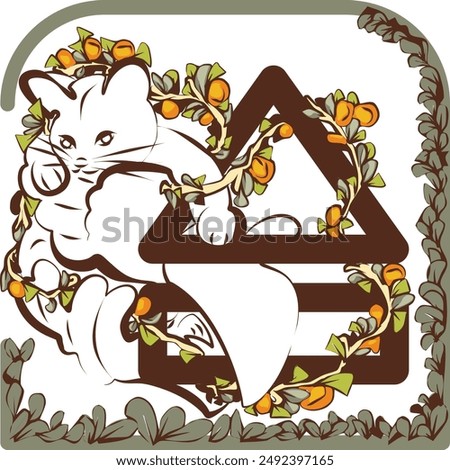 A floral media eject icon with kitten or cat drawing, which is formed by a partially transparent main shape with adventurous and tropical natural elements included.