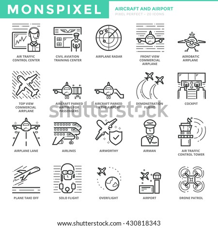 Flat thin line Icons set of Aircraft and Airport. Pixel Perfect Icons. Simple mono linear pictogram pack stroke vector logo concept for web graphics