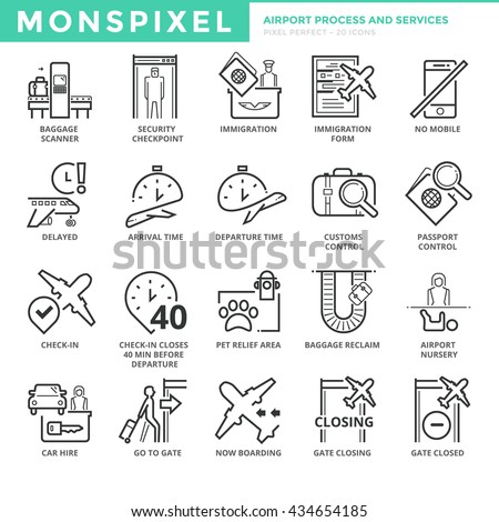 Flat thin line Icons set of Airport Process and Services. Pixel Perfect Icons. Simple mono linear pictogram pack stroke vector logo concept for web graphics