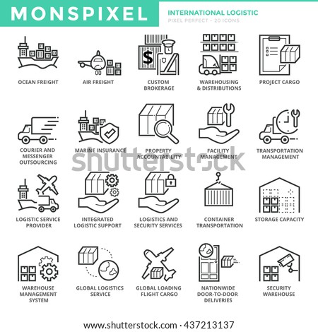Flat thin line Icons set of International Logistic . Pixel Perfect Icons. Simple mono linear pictogram pack stroke vector logo concept for web graphics
