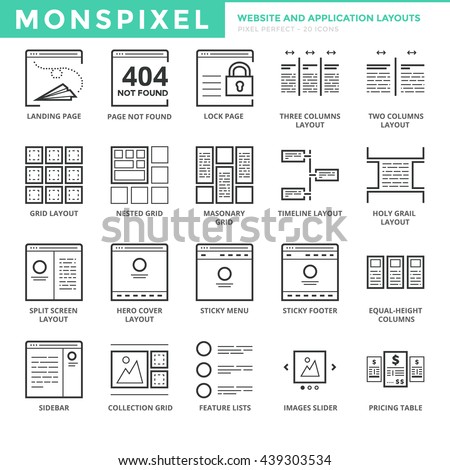 Flat Icons set of Website and Application Layout for Web Development. Pixel Perfect Icons. Simple pictogram pack vector logo concept for web graphics.