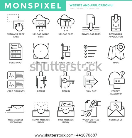 Flat thin line Icons set of  Website and Mobile Application UI for Web Development.  Simple mono linear pictogram pack stroke vector logo concept for web graphics.