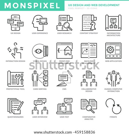 Flat thin line Icons set of UX Design And Web Development. Pixel Perfect Icons. Simple mono linear pictogram pack stroke vector logo concept for web graphics.