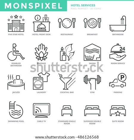 Flat thin line Icons set of Hotel Services. Pixel Perfect Icons. Simple mono linear pictogram pack stroke vector logo concept for web graphics.