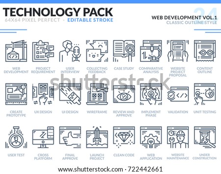 Web Development Icons Set. Editable Stroke. Technology outline icons pack. Pixel perfect thin line vector icons for web design and website application.