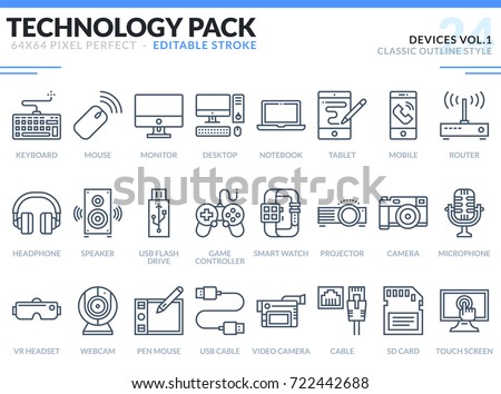 Devices Icons Set. Editable Stroke. Technology outline icons pack. Pixel perfect thin line vector icons for web design and website application.