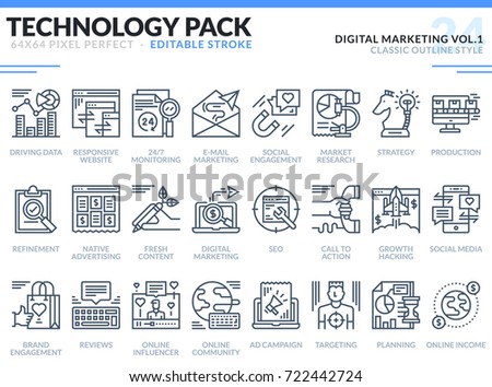 Digital Marketing Icons Set. Editable Stroke. Technology outline icons pack. Pixel perfect thin line vector icons for web design and website application.