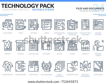 Files and Documents Icons Set. Editable Stroke. Technology outline icons pack. Pixel perfect thin line vector icons for web design and website application.
