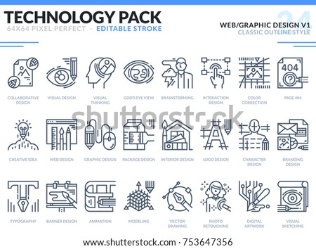 Web and Graphic Design Icons Set. Editable Stroke. Technology outline icons pack. Pixel perfect thin line vector icons for web design and website application.