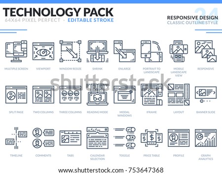 Responsive Design Icons Set. Editable Stroke. Technology outline icons pack. Pixel perfect thin line vector icons for web design and website application.