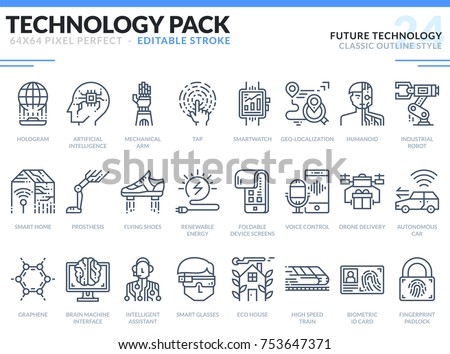 Future Technology Icons Set. Editable Stroke. Technology outline icons pack. Pixel perfect thin line vector icons for web design and website application.
