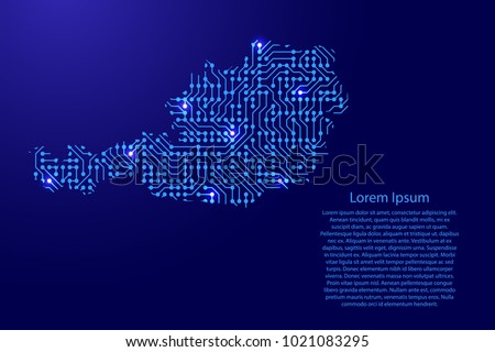 Map Austria from printed board, chip and radio component with blue star space on the contour for banner, poster, greeting card, of vector illustration.