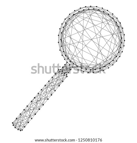 Magnifying glass lens from abstract futuristic polygonal black lines and dots. Vector illustration.