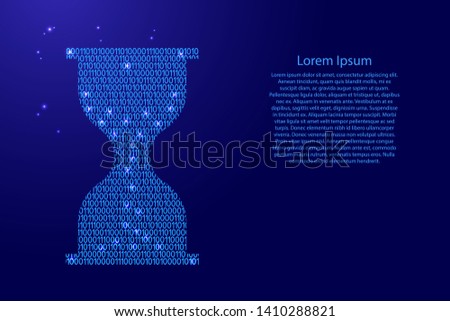 Hourglass icon abstract schematic from blue ones and zeros binary digital code with space stars for banner, poster, greeting card. Vector illustration.