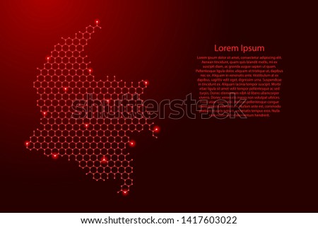 Colombia map from futuristic hexagonal shapes, lines, points red and glowing stars in nodes, form of honeycomb or molecular structure for banner, poster, greeting card. Vector illustration.