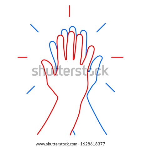 Informal greeting, two hands giving a high five, team result, friendly partners from the contour red and blue lines. Vector illustration.