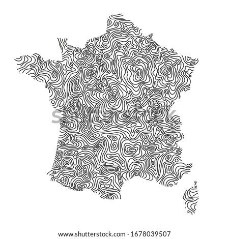 France map from black isolines or level line geographic topographic map grid. Vector illustration.