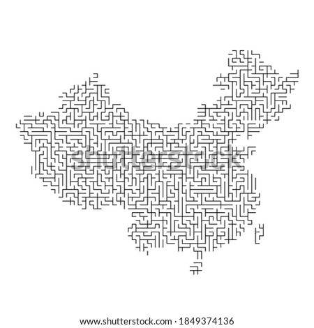 China map from black pattern of the maze grid. Vector illustration.