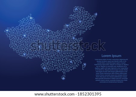 China map from blue pattern of the maze grid and glowing space stars grid. Vector illustration.
