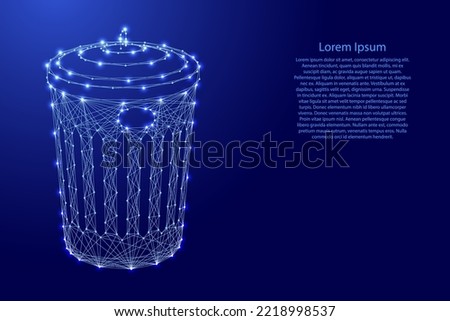 Trash can with lid, from futuristic polygonal blue lines and glowing stars for banner, poster, greeting card. Low poly concept. Vector illustration.