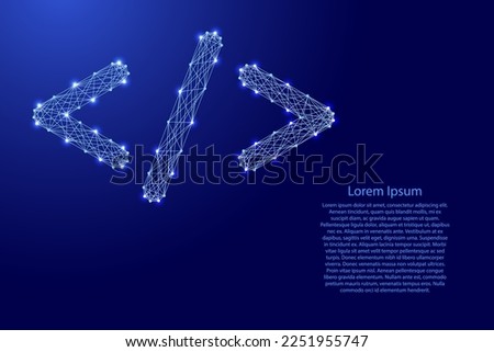 Web coding development concept, angle brackets and slash, from futuristic polygonal blue lines and glowing stars. Low poly concept. Vector illustration.