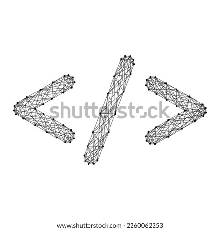 Web coding development concept, angle brackets and slash, from abstract futuristic polygonal black lines and dots. Low poly concept. Vector illustration.