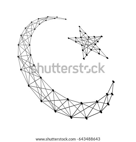 Crescent with a star symbol of Islam from polygonal black lines and dots of vector illustration