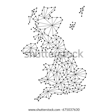 United Kingdom map of polygonal mosaic lines network, rays and dots vector illustration.