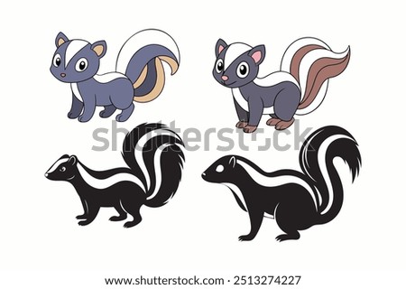 Skunk vector Illustration in Vibrant Colors, black white silhouette and Detailed Line Art. Cute and Adorable