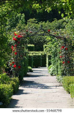 garden pathway with rose arch