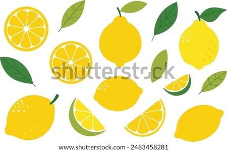 Set of lemons in doodle style. Collection of lemons on a branch, a slice of a lemon, half a lemon. Vector