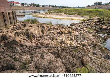 KAUNAS, LITHUANIA - AUGUST 27: Low water levels on the Neman river in Kaunas. The Neman is a major Eastern European river rising in Belarus.