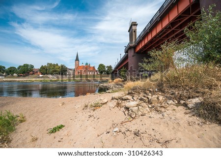 KAUNAS, LITHUANIA - AUGUST 27: Low water levels on the Neman river in Kaunas. The Neman is a major Eastern European river rising in Belarus.