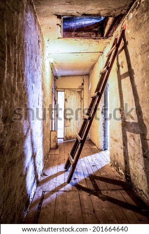 Old abandoned attic with ladder leads to roof exit, HDR picture