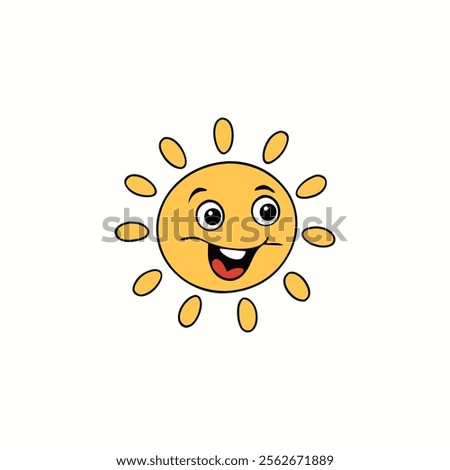 A cheerful cartoon-style illustration of a smiling yellow sun with expressive eyes and a wide grin. The sun features simple, playful rays radiating outward, set against a clean, light background