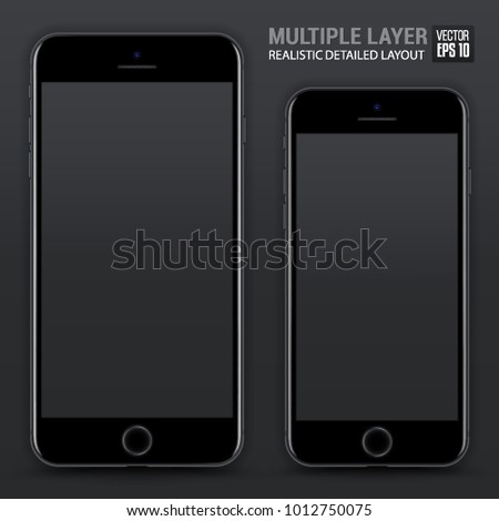 Realistic Scale of Standard Smartphone and Phone Plus Isolated on Black / Silverstone / Dark Grey Background. Front View. High Detailed Device Mockup Separate Groups and Layers. Easily Editable Vector